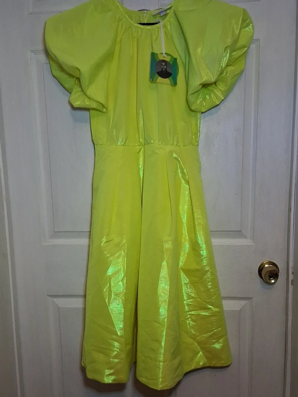Christopher John Rogers Neon Yellow Shiny Puff Sleeve Dress